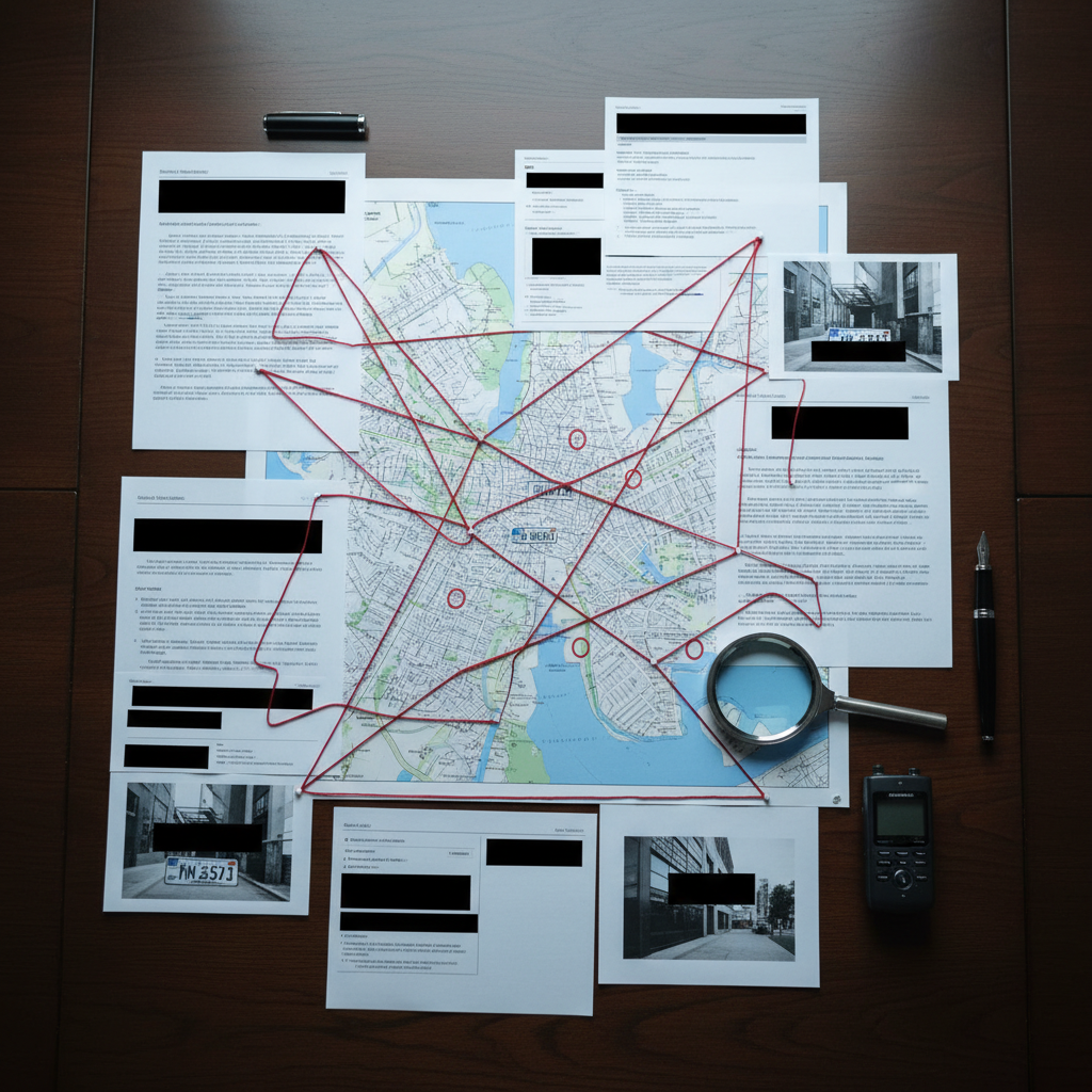 A photographic realism overhead shot of an evidence board laid out flat on a dark oak tabletop, designed with complete anonymity. Instead of faces, the pinned items include redacted documents with blacked-out lines, high-resolution city maps, printed email headers, and blurred-out photographs of generic buildings and license plates. Fine red string connects certain points, creating a subtle web of relationships. A matte-black fountain pen, a stainless-steel magnifying glass, and a slim digital voice recorder rest nearby. Soft, cool studio lighting from above creates even illumination with gentle shadows under the paper edges, highlighting texture and depth. The composition uses deliberate asymmetry and moderate depth of field, creating a focused, methodical, and highly professional atmosphere that evokes complex case work without exposing personal identities.