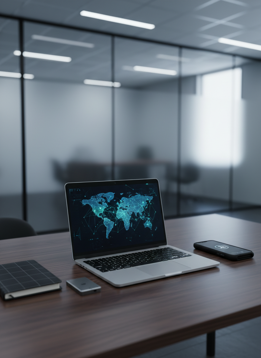 A meticulously organized investigative command desk in photographic realism, featuring a slim, brushed-aluminum laptop displaying an abstract data visualization map with glowing connection lines. Around it lie a black leather-bound notebook, a compact encrypted external drive, and a rugged smartphone with a muted notification icon. The desk surface is dark walnut with a subtle sheen, set in a minimalist office with frosted glass partitions in the softly blurred background. Cool, diffused overhead lighting combines with faint daylight from an unseen window, creating crisp reflections on metal edges and gentle shadows under objects. Shot from a slightly elevated angle with a balanced, rule-of-thirds composition, the atmosphere feels controlled, analytical, and highly professional, conveying digital intelligence, OSINT research, and case analysis without any human presence.