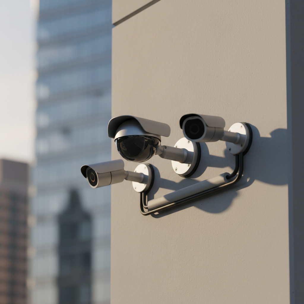 A close-up photographic realism image of a professional surveillance camera system mounted on a clean, light-gray concrete wall of a modern building. The primary focus is a matte-silver PTZ (pan-tilt-zoom) camera with a glossy black lens dome, surrounded by two smaller fixed-lens cameras angled outward. Fine details like subtle weatherproof seals and discreet cabling tucked into a conduit are clearly visible. Late afternoon natural light casts soft, directional shadows that emphasize the precise geometry of the devices, while a shallow depth of field gently blurs the building’s glass façade and faint city shapes in the background. Captured at a slight upward angle, the composition feels secure, lawful, and discreet, visually reinforcing professional surveillance services conducted within clear legal and ethical boundaries.
