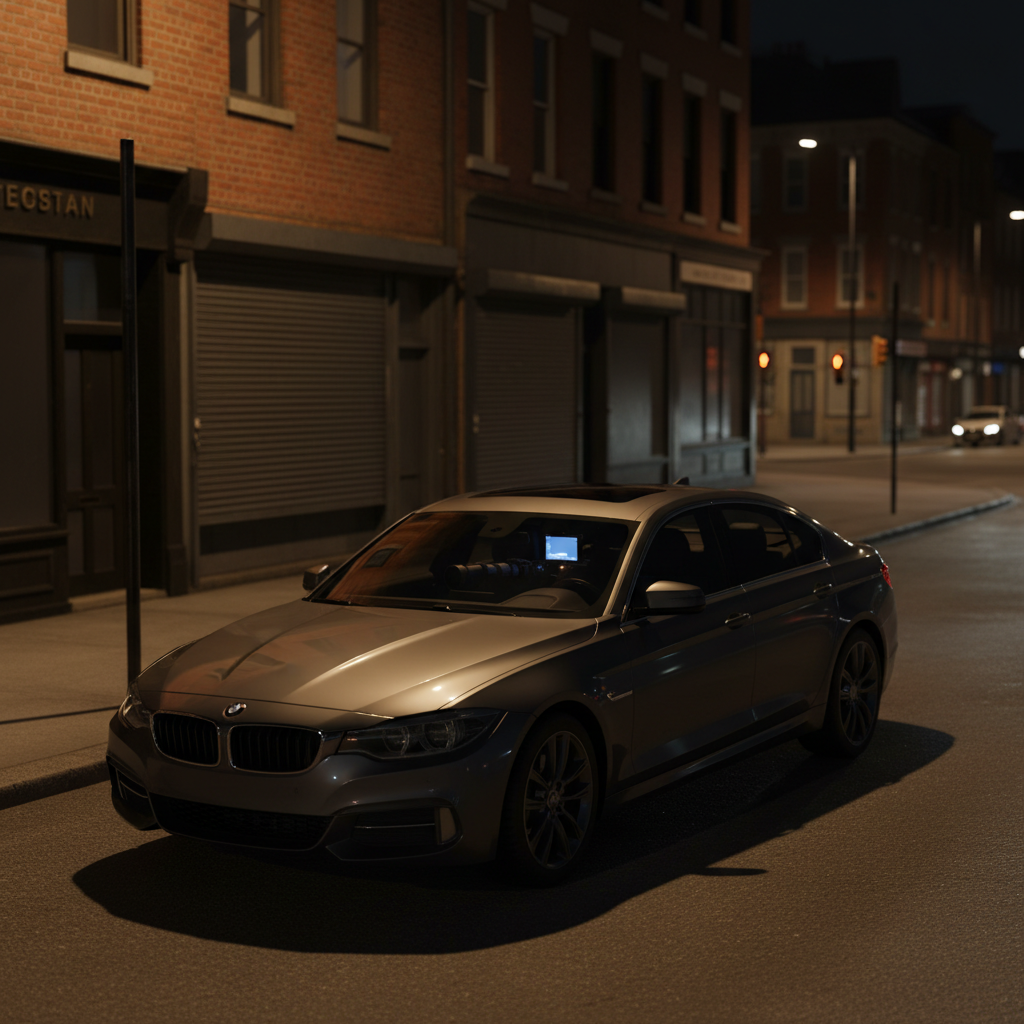 A nighttime photographic realism scene of a discreet unmarked vehicle parked on a quiet urban side street, captured from a slightly elevated three-quarter angle. The car is a modern dark-gray sedan with tinted windows and a subtle roof-mounted low-profile antenna. Through the rear windshield, only silhouettes of neatly mounted camera equipment and a small monitor glow faintly, with no people visible. Sodium streetlights cast warm, directional pools of light, while the surrounding brick buildings and closed shopfronts recede into soft shadow. Reflections on the car’s bodywork reveal a controlled, polished surface. A shallow depth of field keeps the focus on the vehicle, with background bokeh from distant traffic lights. The mood is discreet, professional, and lawful, evoking mobile surveillance operations carried out with precision and restraint.