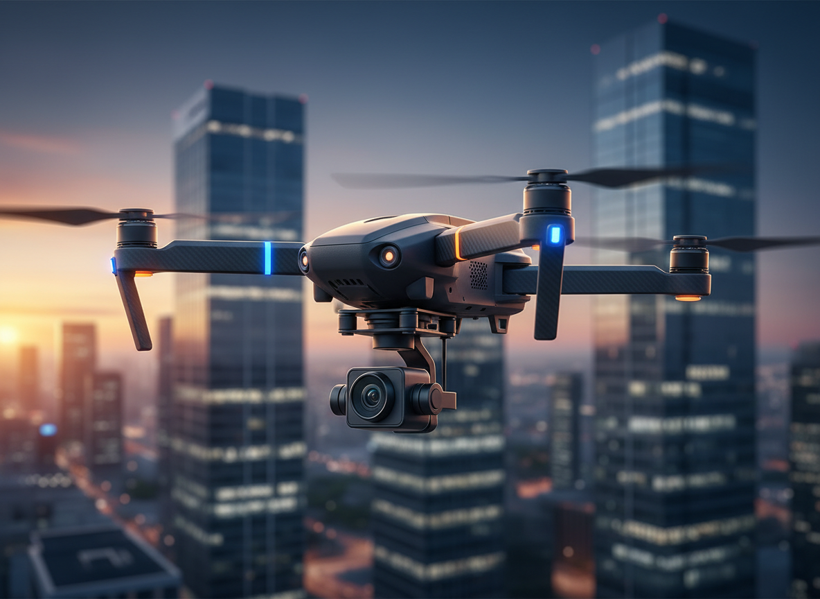 A drone providing aerial surveillance and photography over Manchester at dusk.